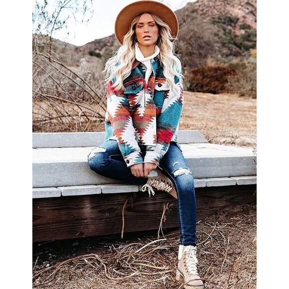 Women's Wool Blend Shacket Loose Fit Ethnic Print Button Down Coat - Picture 5 of 5